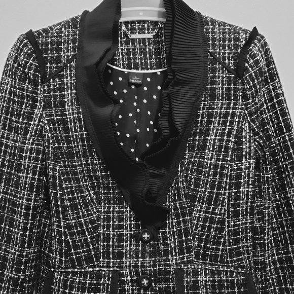White House Black Market Black & White Tweed Blazer with Silky Ruffle Trim - Picture 2 of 13